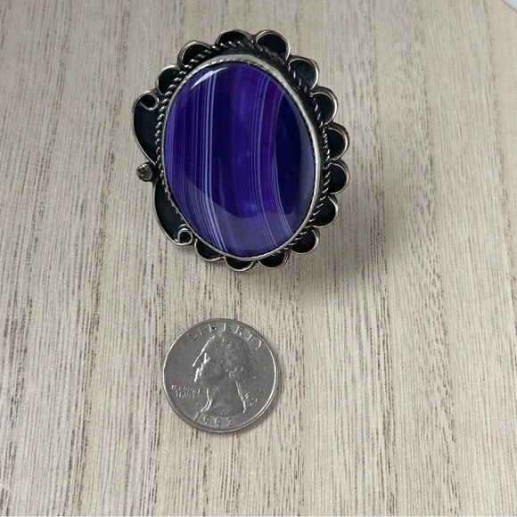 Gary Nez Navajo Purple Banded Agate Native American Huge Signed GN Ring Size 8